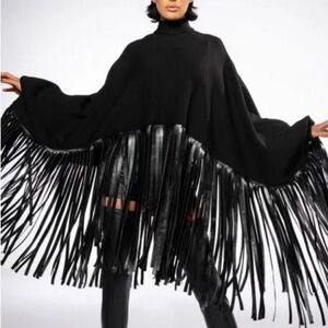 Black Fringe Poncho Shawl Cape Cover Up Crop Top Whimsy Hippie/ One Size Plus Sz
